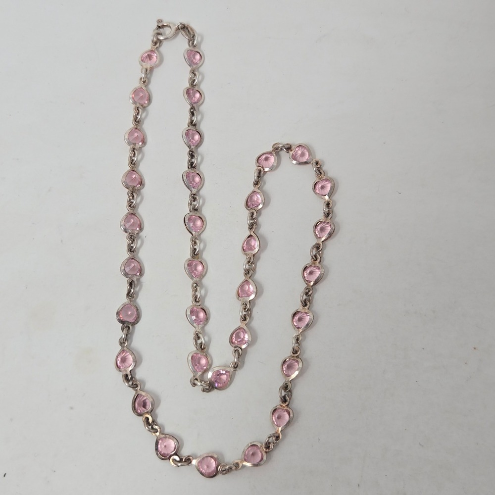 Sterling Silver 925 Pink Heart Station Necklace 16 Inch Romantic Jewelry 12.2g